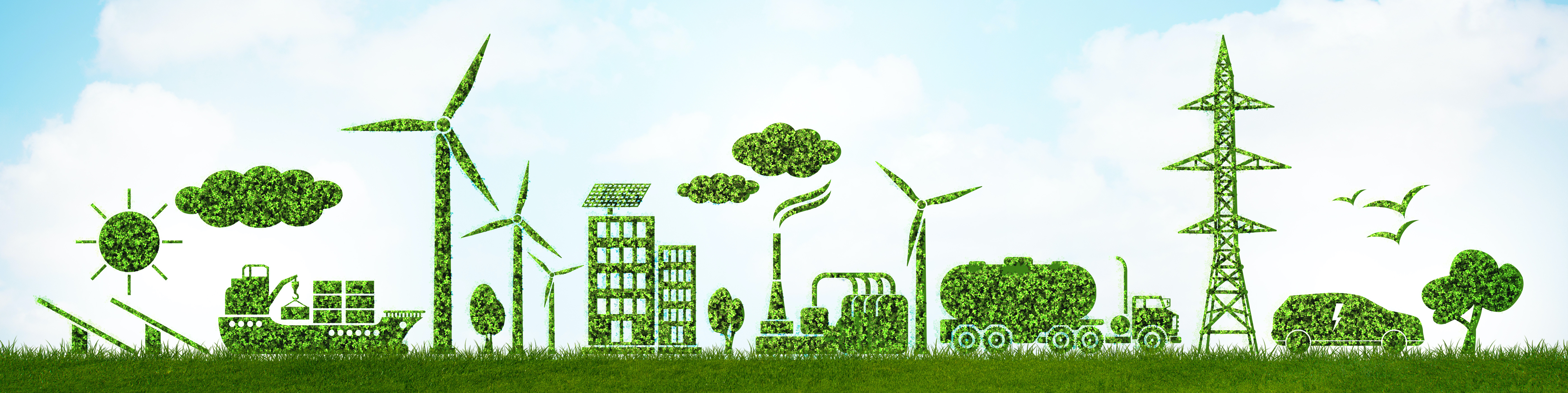 Illustration graphic of green energy made of grass, including solar panels, cargo ship, wind turbines, buildings, factories, a large lorry and an electricity tower set against a blue sky filled with bright white clouds.
