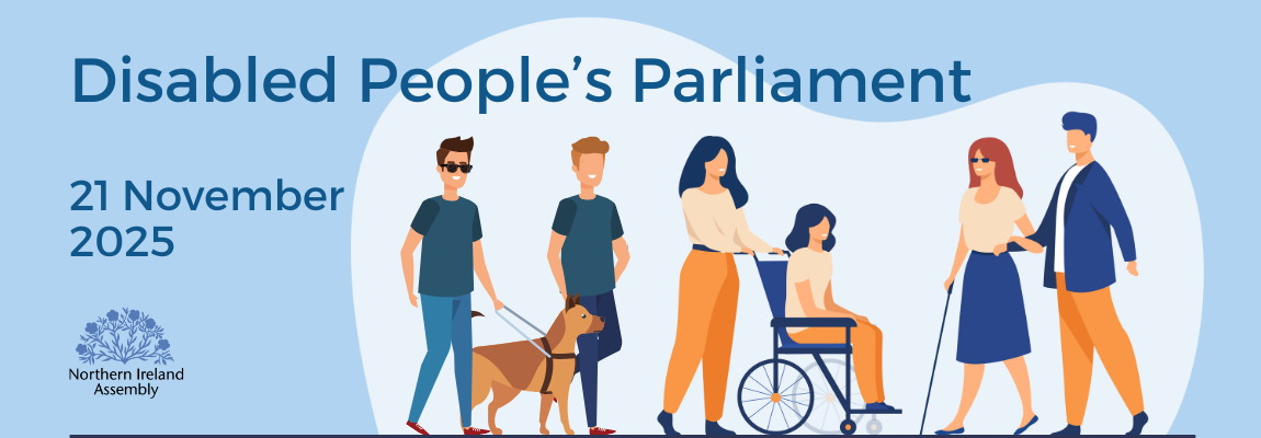 Graphic animation depicting a diverse group of disabled people. Text reads: Disabled People's Parliament, 21 November 2025