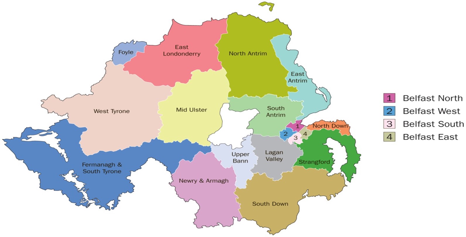 Map showing all constituencies in Northern Ireland