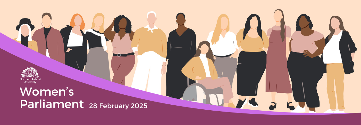 Graphic animation depicting a diverse group of women. Text reads: Women's Parliament, 28 February 2025